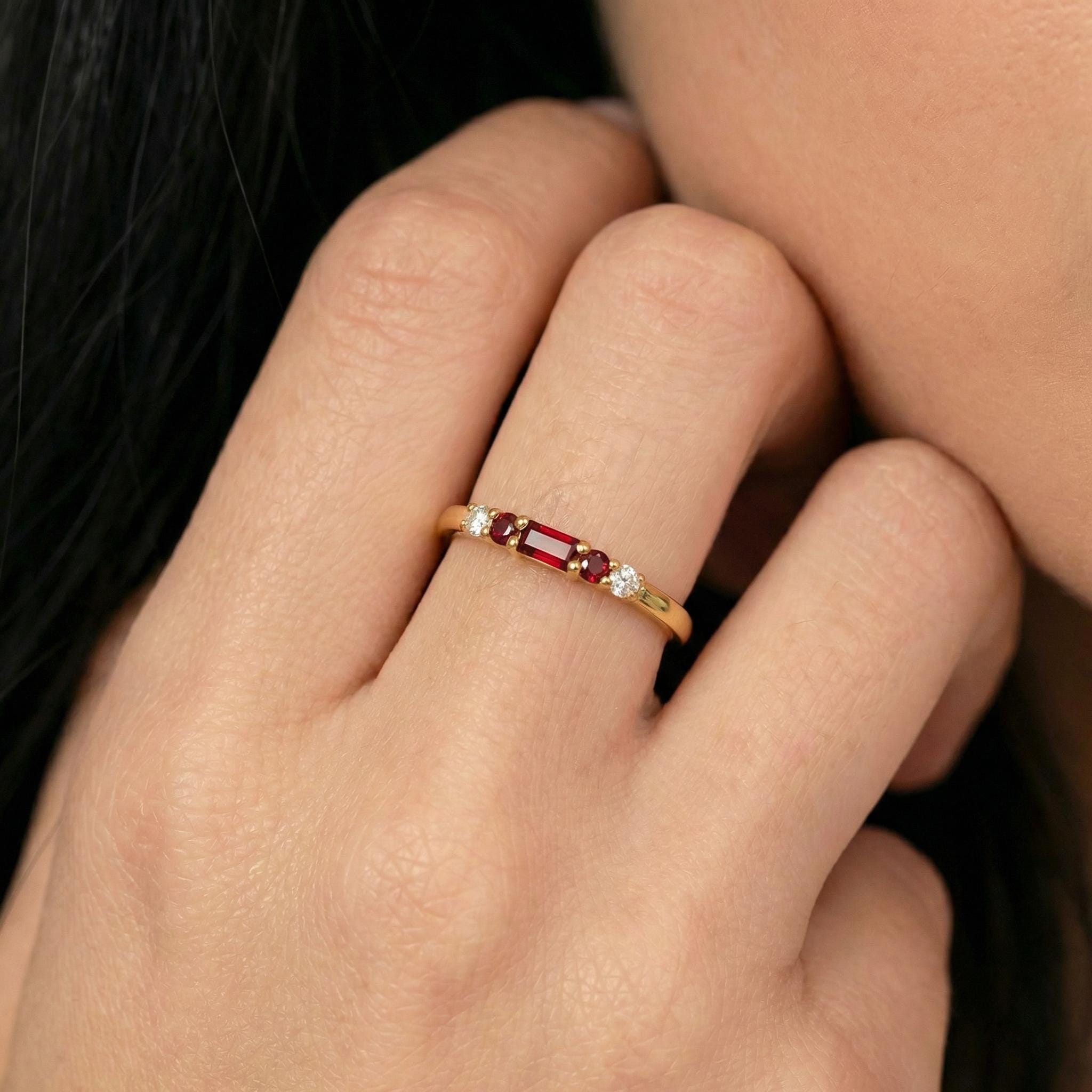 January Birthstone Garnet Ring Dainty Gold Baguette Wedding Band Minimalist Birthday Gift Simple Stacking Promise Ring