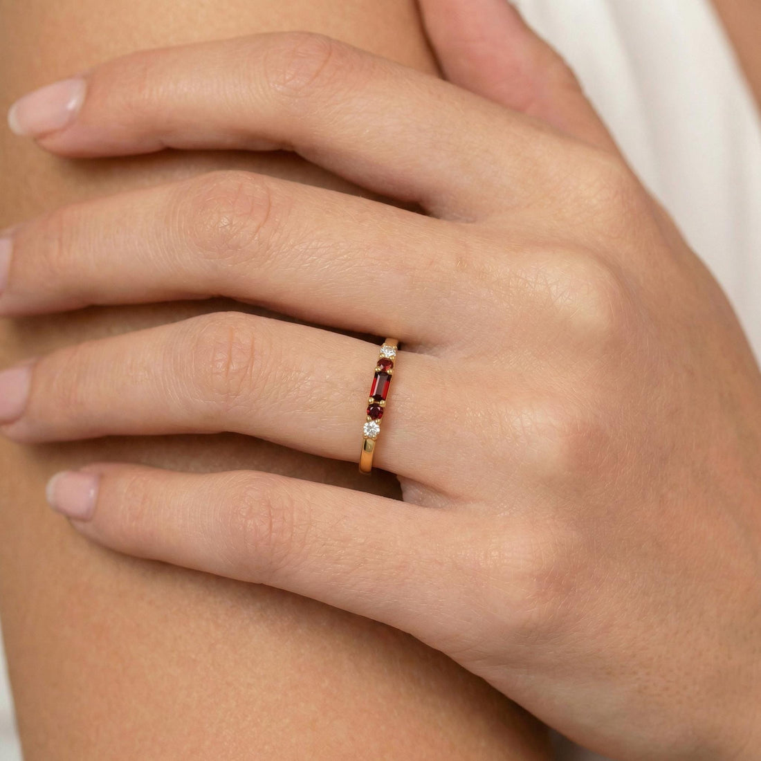 January Birthstone Garnet Ring Dainty Gold Baguette Wedding Band Minimalist Birthday Gift Simple Stacking Promise Ring