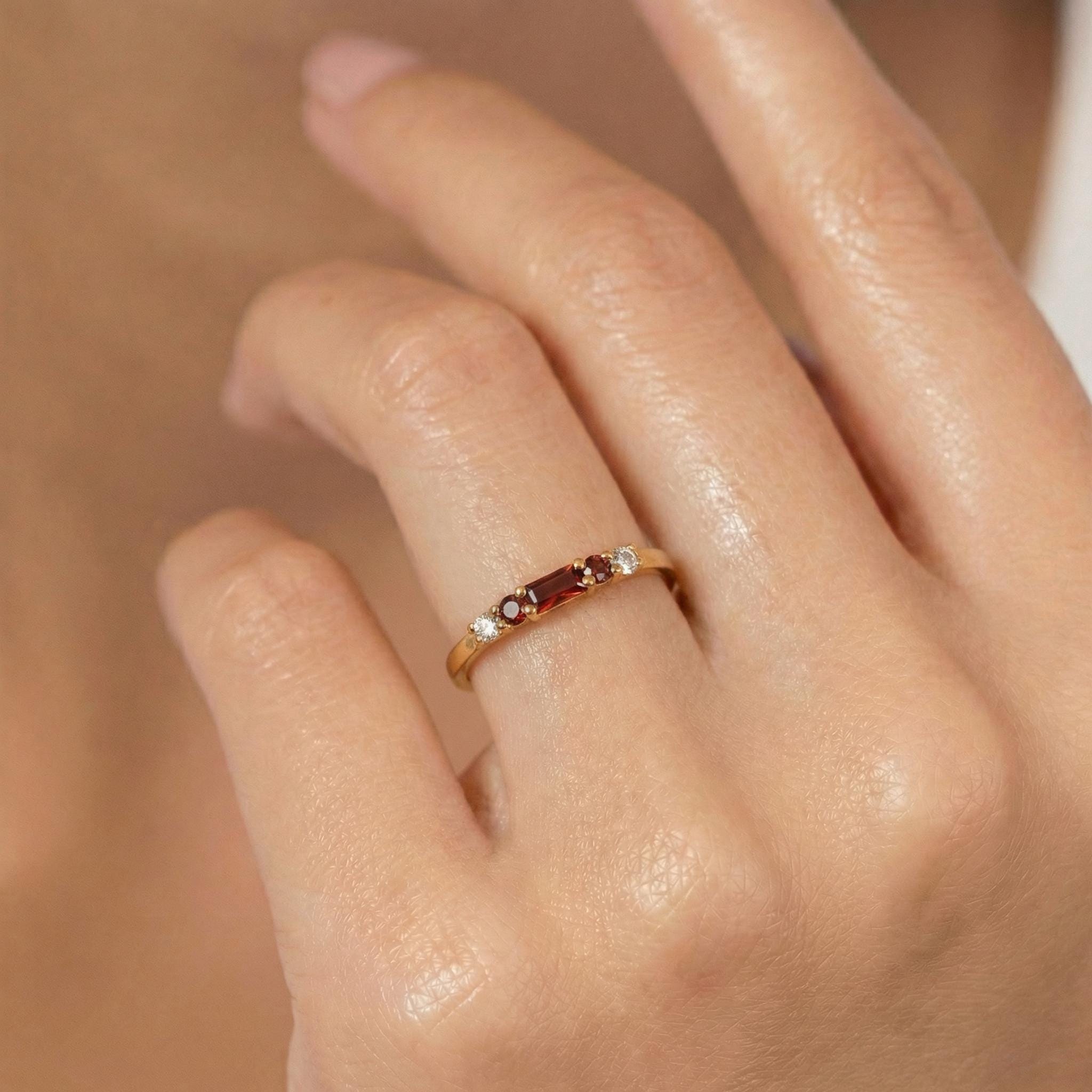 January Birthstone Garnet Ring Dainty Gold Baguette Wedding Band Minimalist Birthday Gift Simple Stacking Promise Ring