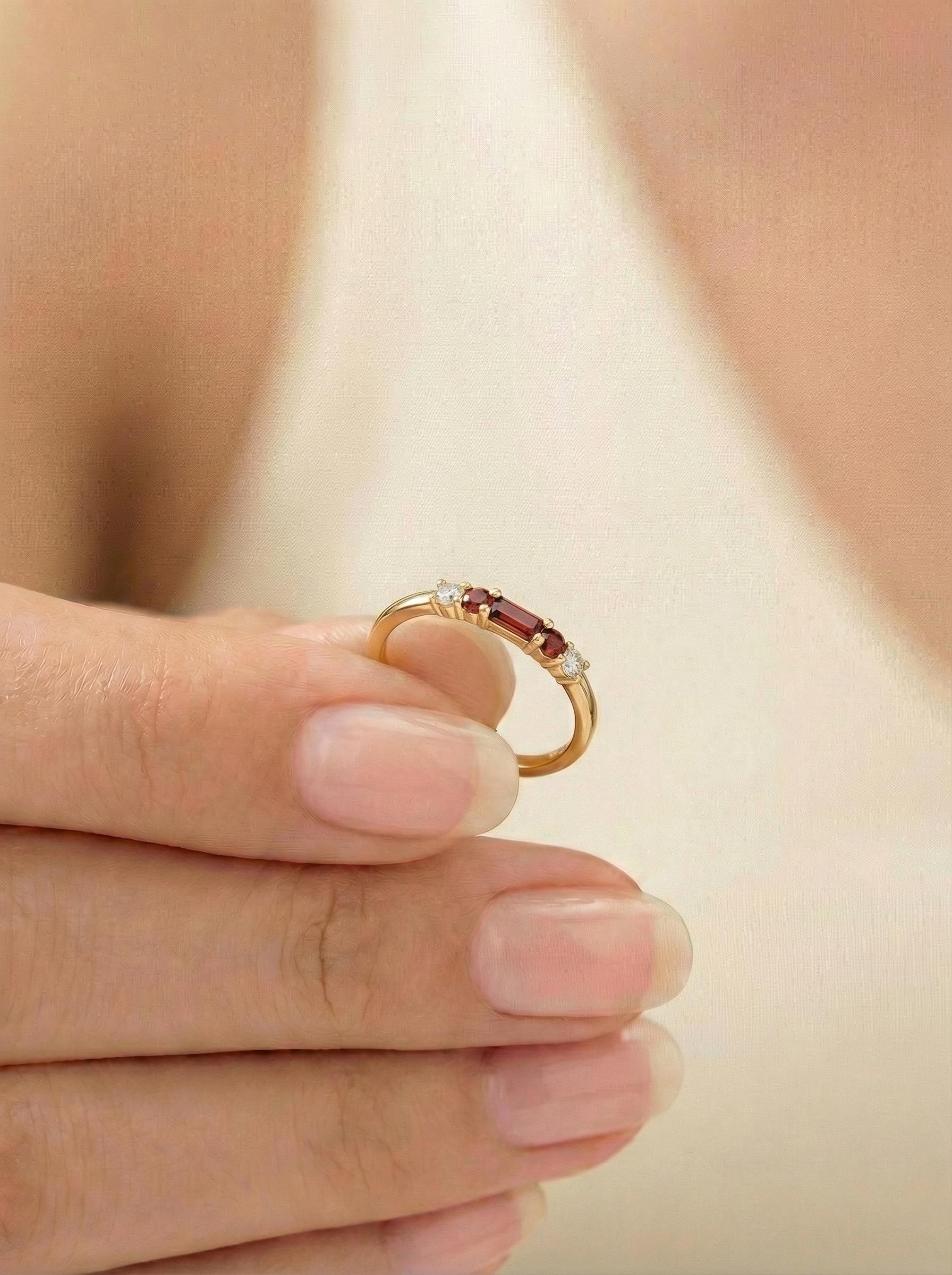 January Birthstone Garnet Ring Dainty Gold Baguette Wedding Band Minimalist Birthday Gift Simple Stacking Promise Ring