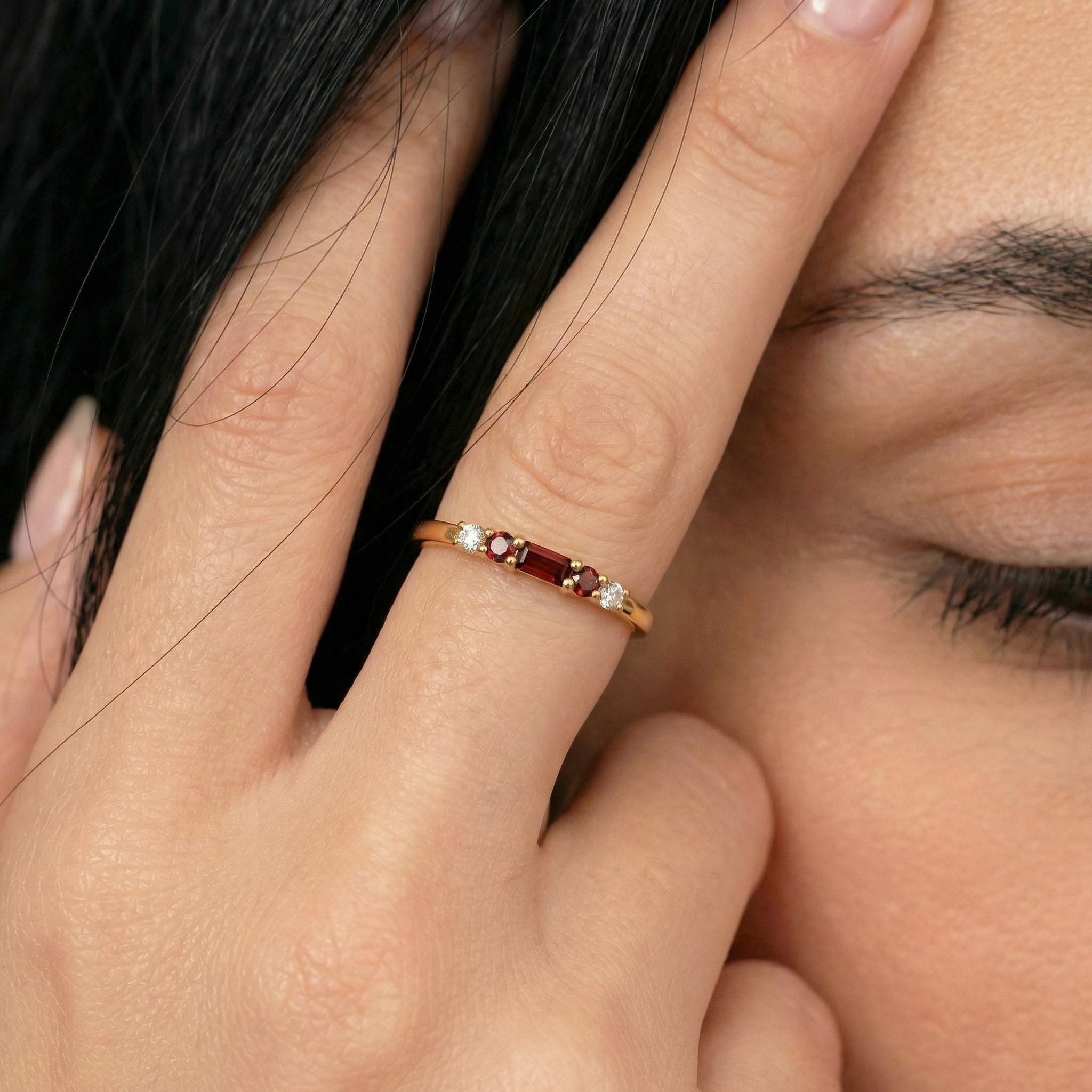 January Birthstone Garnet Ring Dainty Gold Baguette Wedding Band Minimalist Birthday Gift Simple Stacking Promise Ring