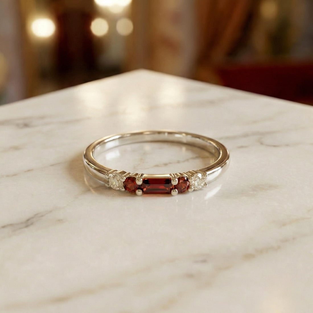 January Birthstone Garnet Ring Dainty Gold Baguette Wedding Band Minimalist Birthday Gift Simple Stacking Promise Ring