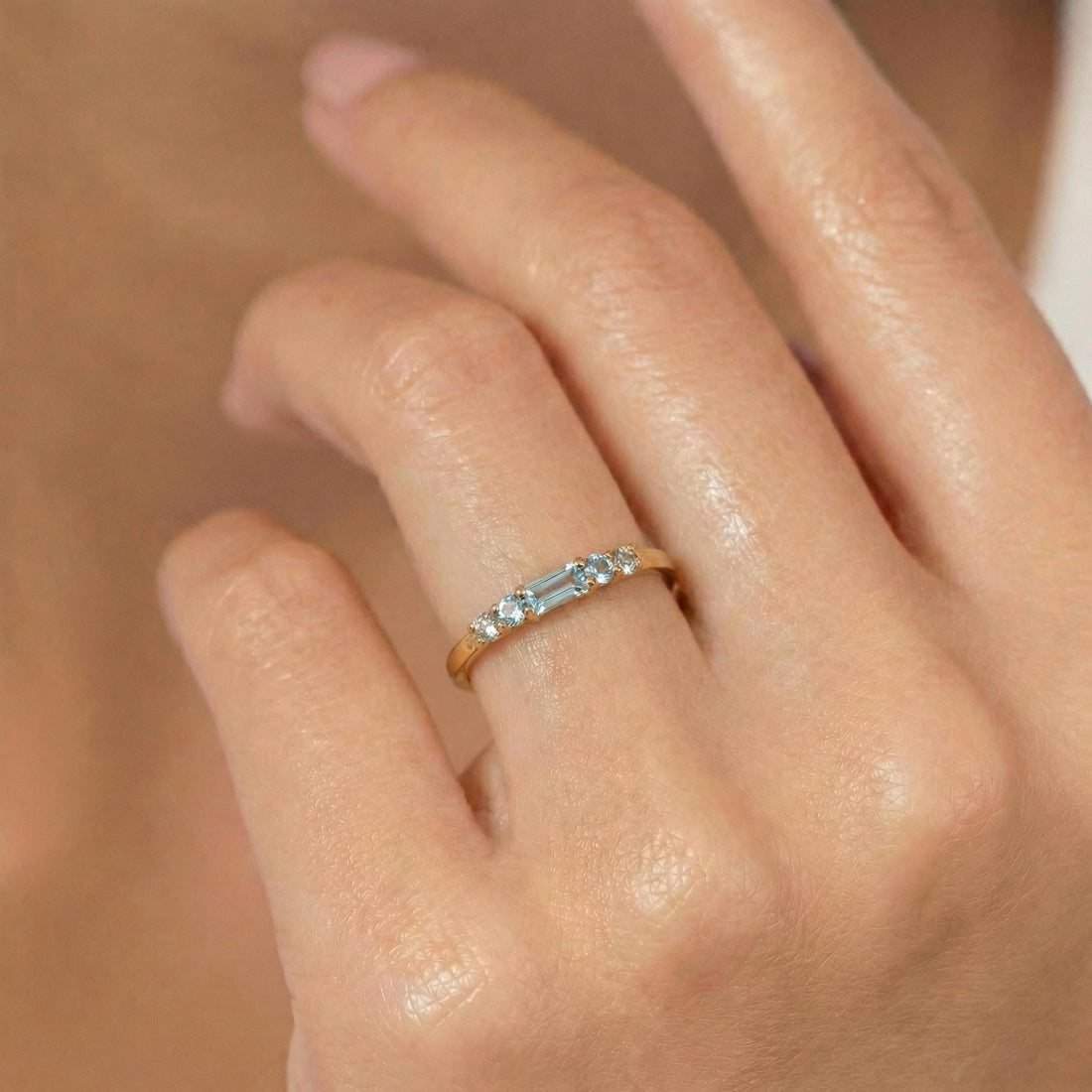 March Birthstone Aquamarine Ring Dainty Gold Baguette Wedding Band Minimalist Birthday Gift Simple Stacking Promise Ring