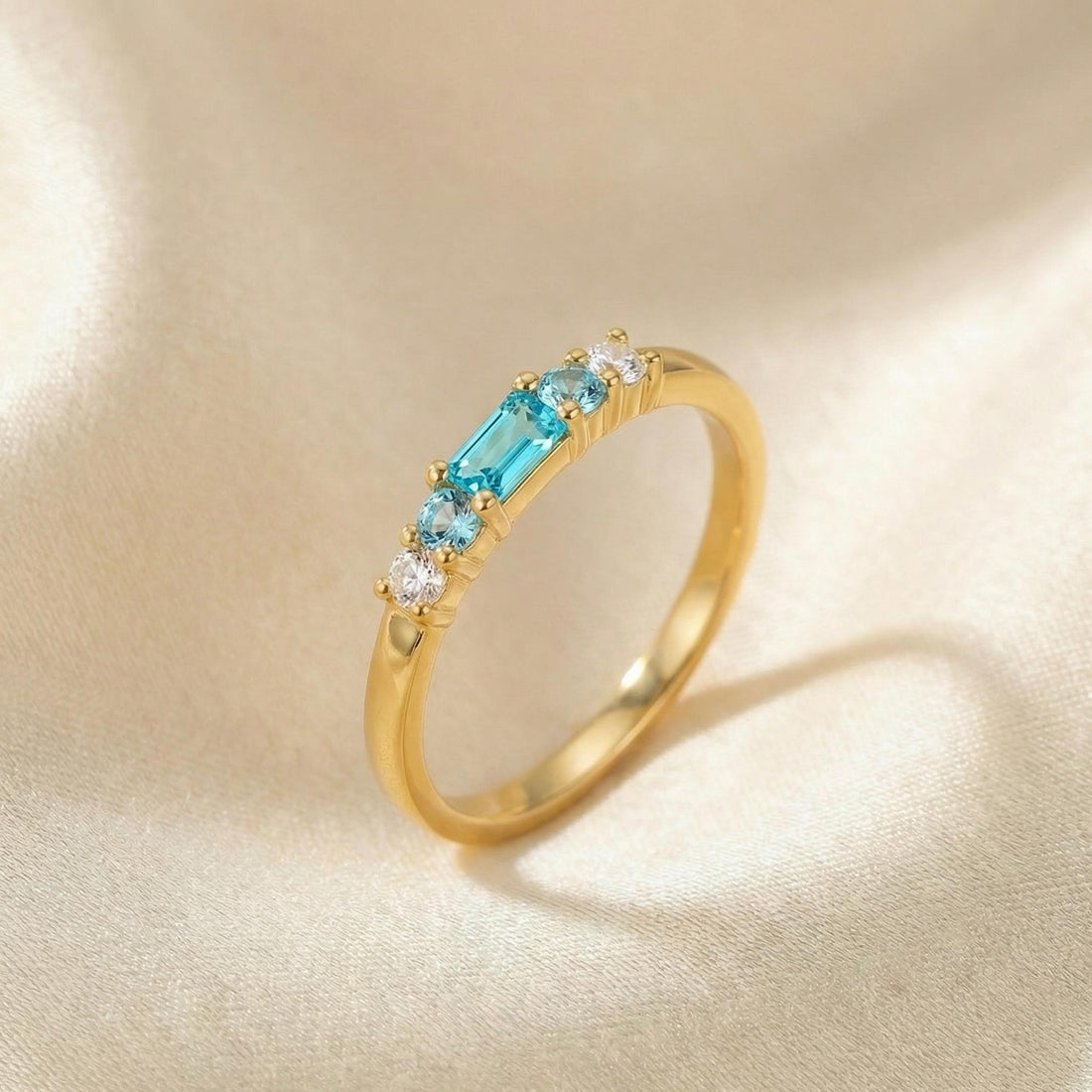 March Birthstone Aquamarine Ring Dainty Gold Baguette Wedding Band Minimalist Birthday Gift Simple Stacking Promise Ring