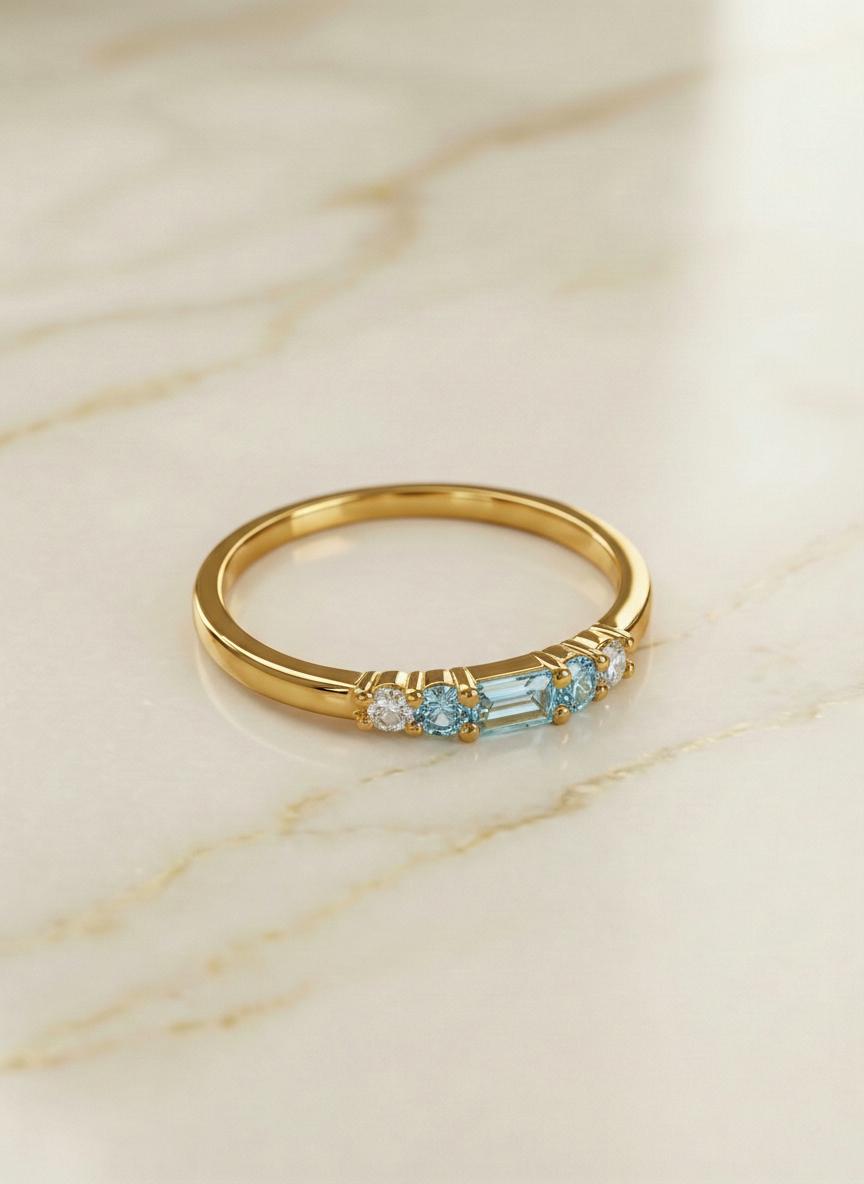 March Birthstone Aquamarine Ring Dainty Gold Baguette Wedding Band Minimalist Birthday Gift Simple Stacking Promise Ring