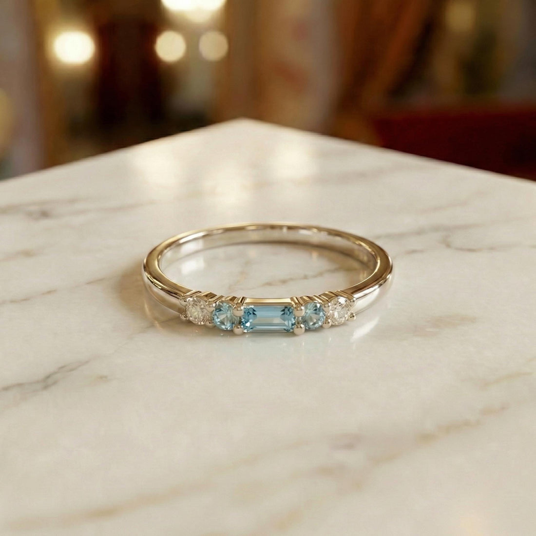 March Birthstone Aquamarine Ring Dainty Gold Baguette Wedding Band Minimalist Birthday Gift Simple Stacking Promise Ring