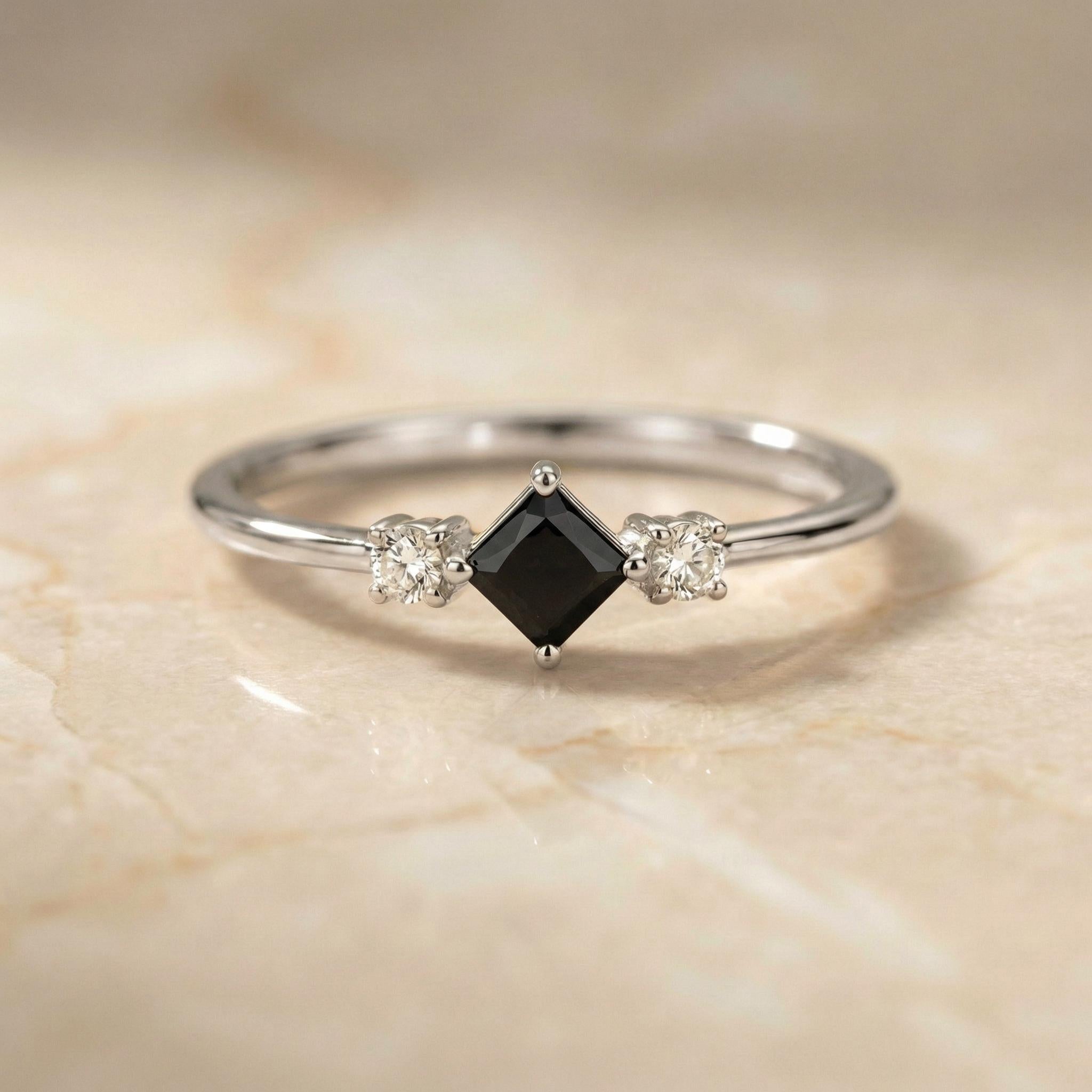 Black Diamond Engagement Ring, Minimalist Promise Ring For Her, Kite Set 3 Stone Ring, Black Gemstone Band