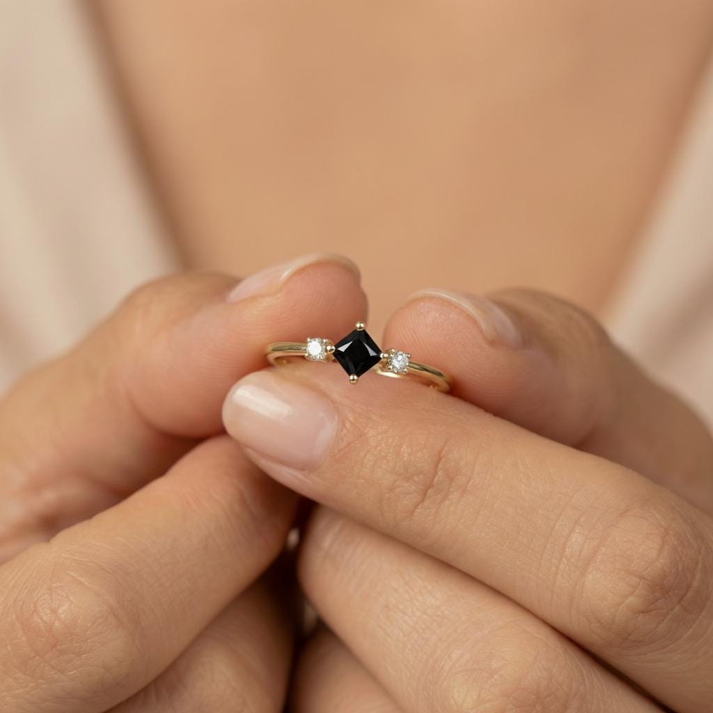 Black Diamond Engagement Ring, Minimalist Promise Ring For Her, Kite Set 3 Stone Ring, Black Gemstone Band