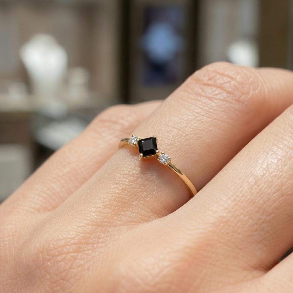 Black Diamond Engagement Ring, Minimalist Promise Ring For Her, Kite Set 3 Stone Ring, Black Gemstone Band