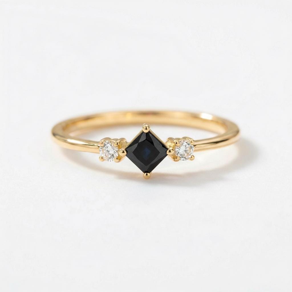 Black Diamond Engagement Ring, Minimalist Promise Ring For Her, Kite Set 3 Stone Ring, Black Gemstone Band