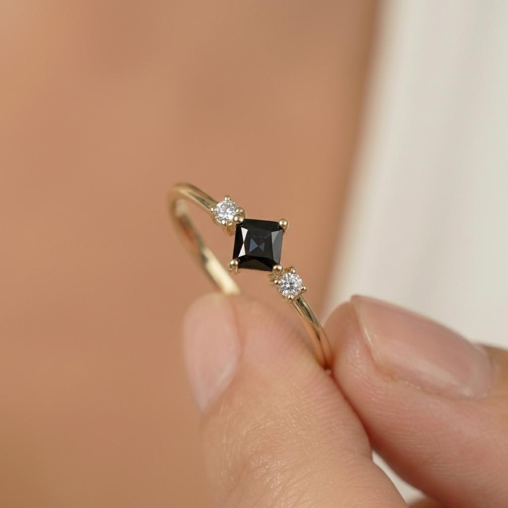 Black Diamond Engagement Ring, Minimalist Promise Ring For Her, Kite Set 3 Stone Ring, Black Gemstone Band