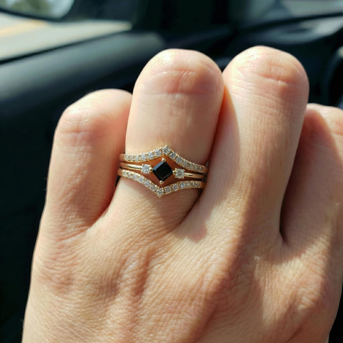Black Diamond Engagement Ring, Minimalist Promise Ring For Her, Kite Set 3 Stone Ring, Black Gemstone Band