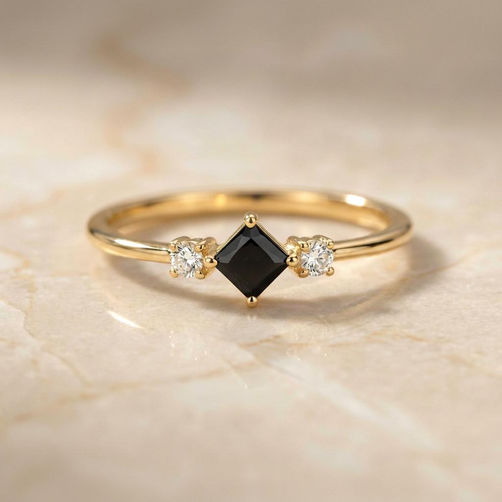 Black Diamond Engagement Ring, Minimalist Promise Ring For Her, Kite Set 3 Stone Ring, Black Gemstone Band