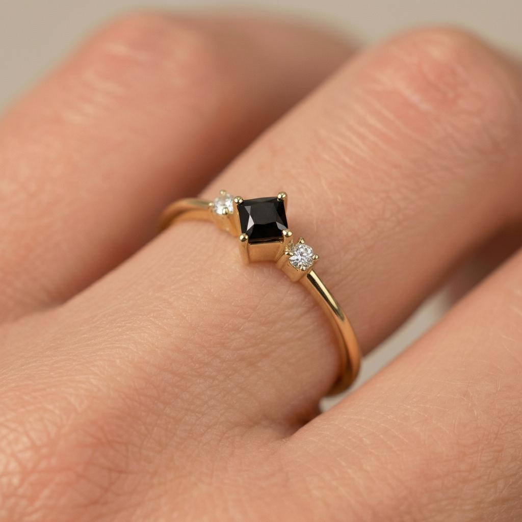 Black Diamond Engagement Ring, Minimalist Promise Ring For Her, Kite Set 3 Stone Ring, Black Gemstone Band