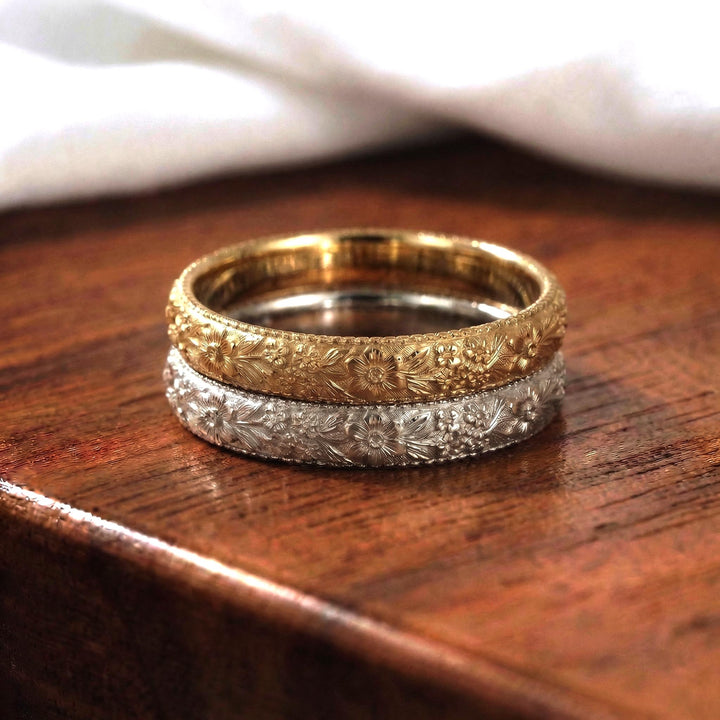 Daisy Floral Wedding Band, Unique Flower 10K/14K/18K Plain Gold Antique Ring, April Birth Flower Band