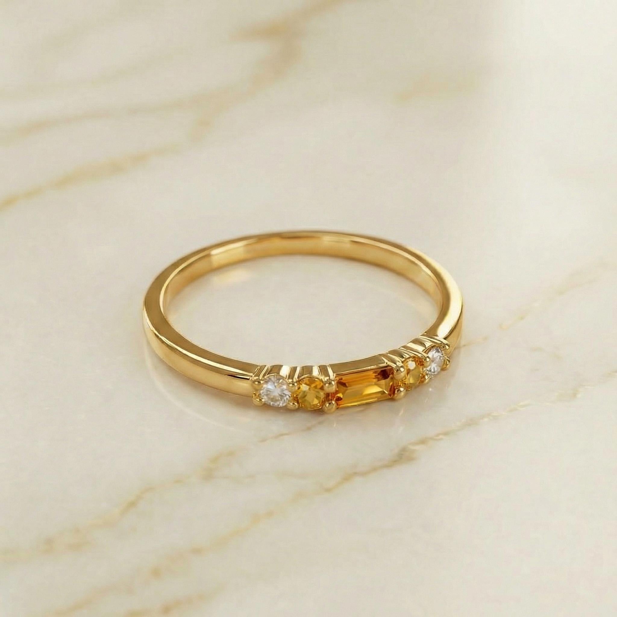 November Birthstone Citrine Ring Dainty Gold Baguette Wedding Band Minimalist Birthday Gift Simple Stacking Promise Ring