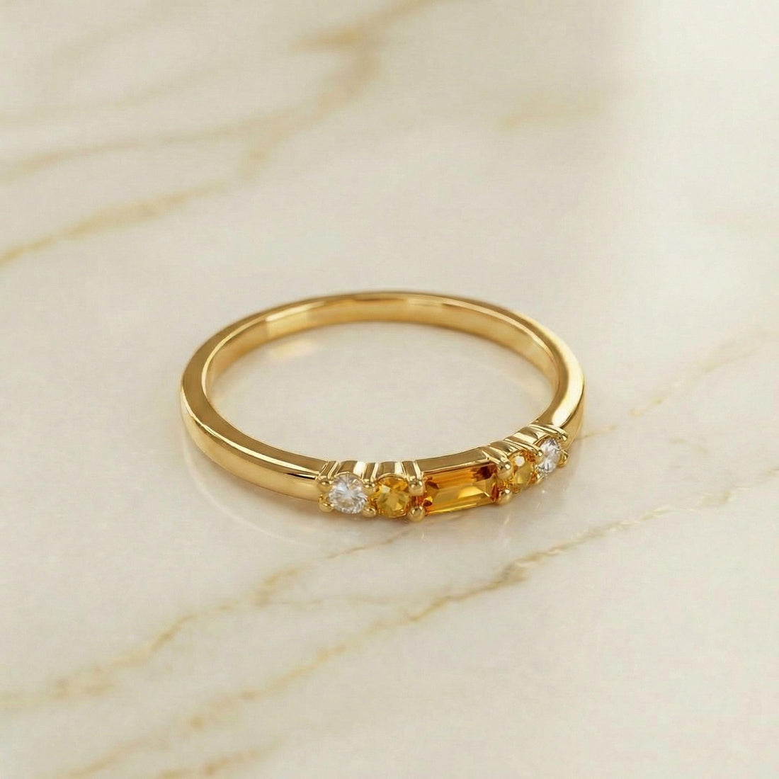 November Birthstone Citrine Ring Dainty Gold Baguette Wedding Band Minimalist Birthday Gift Simple Stacking Promise Ring