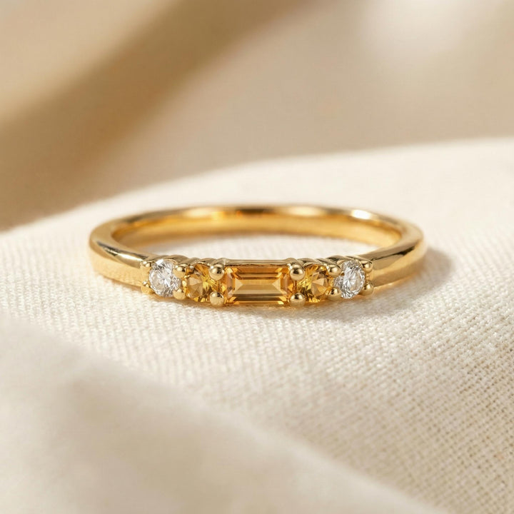November Birthstone Citrine Ring Dainty Gold Baguette Wedding Band Minimalist Birthday Gift Simple Stacking Promise Ring