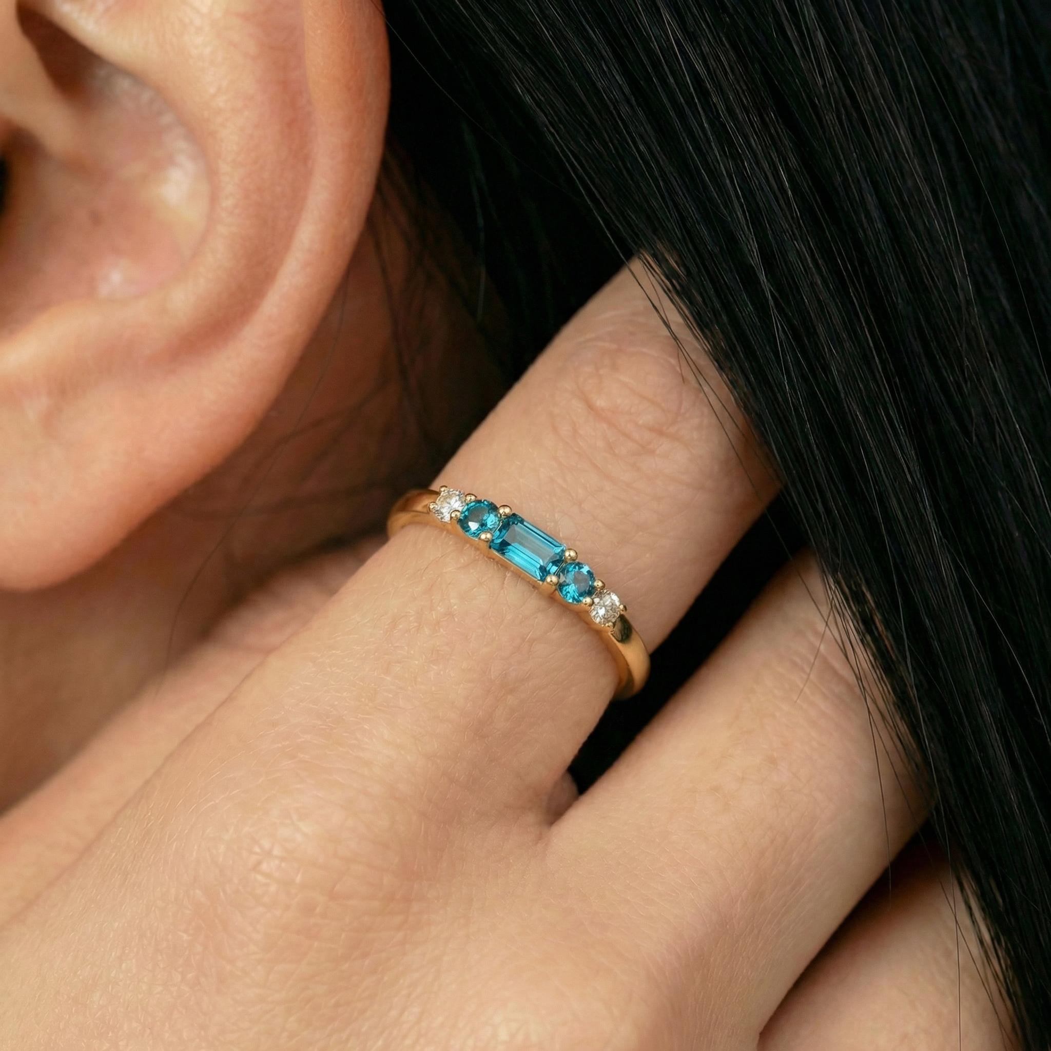 December Birthstone Blue Zircon Ring, Dainty Gold Baguette Band, Minimalist Stacking Ring, Promise Ring Gift for Her