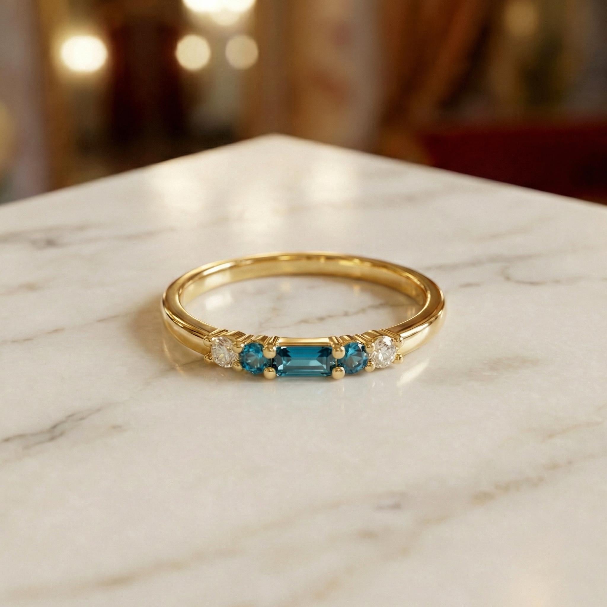 December Birthstone Blue Zircon Ring, Dainty Gold Baguette Band, Minimalist Stacking Ring, Promise Ring Gift for Her