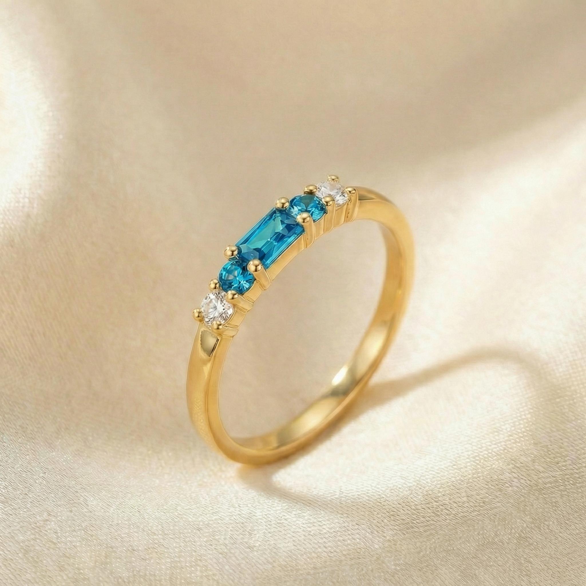 December Birthstone Blue Zircon Ring, Dainty Gold Baguette Band, Minimalist Stacking Ring, Promise Ring Gift for Her
