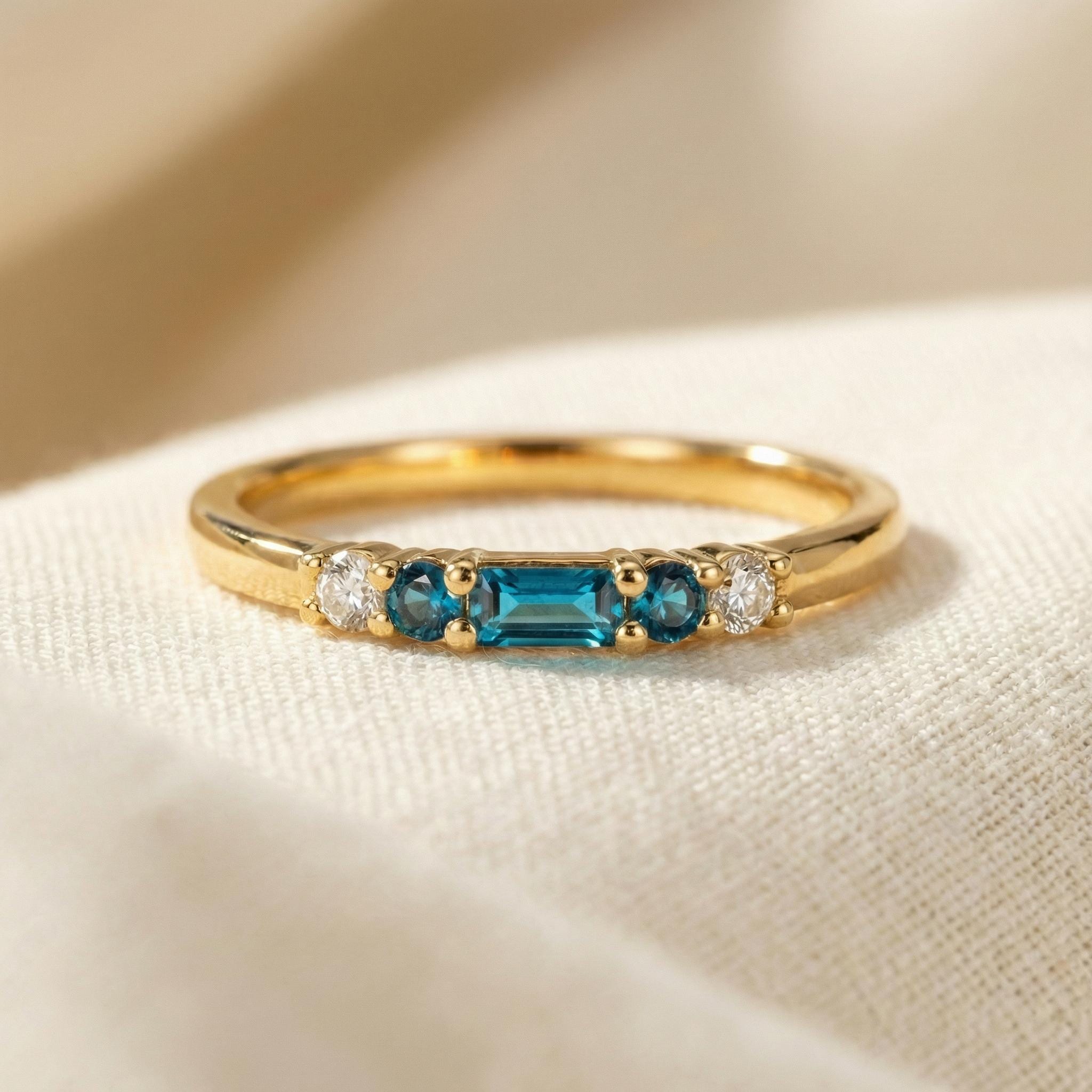December Birthstone Blue Zircon Ring, Dainty Gold Baguette Band, Minimalist Stacking Ring, Promise Ring Gift for Her