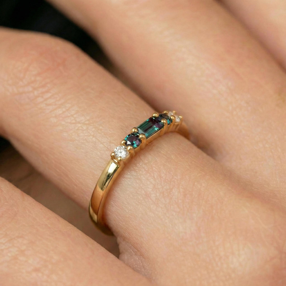 Alexandrite Ring June Birthstone, Dainty Gold Baguette Wedding Band, Minimalist Stacking Promise Ring Gift for Women