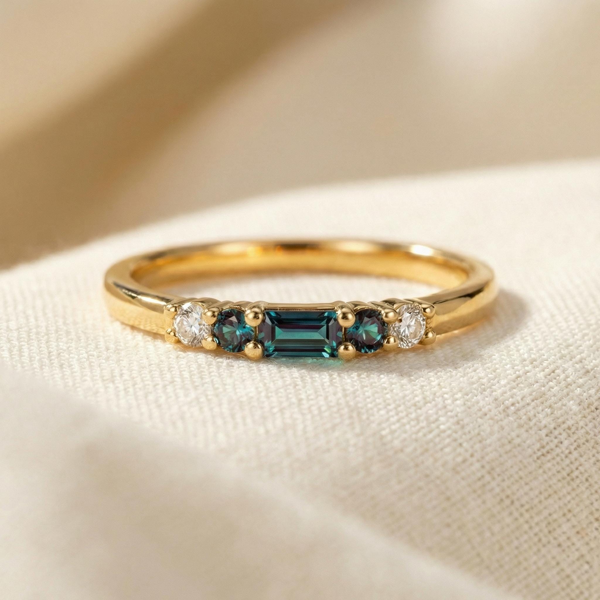 Alexandrite Ring June Birthstone, Dainty Gold Baguette Wedding Band, Minimalist Stacking Promise Ring Gift for Women