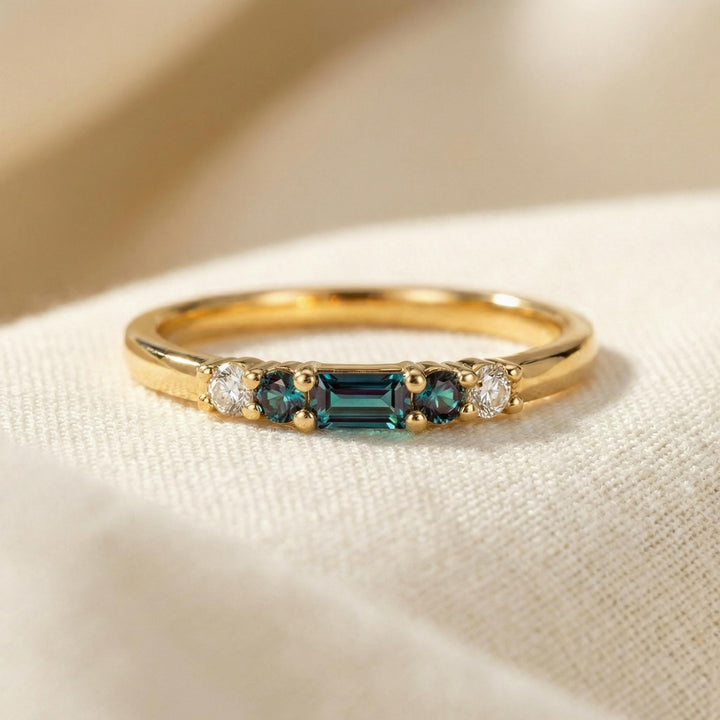 Alexandrite Ring June Birthstone, Dainty Gold Baguette Wedding Band, Minimalist Stacking Promise Ring Gift for Women