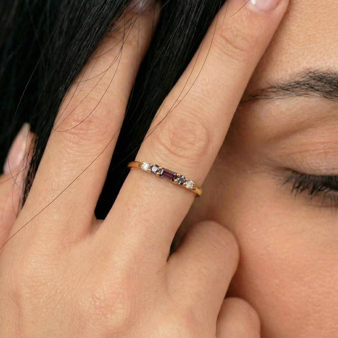 Alexandrite Ring June Birthstone, Dainty Gold Baguette Wedding Band, Minimalist Stacking Promise Ring Gift for Women