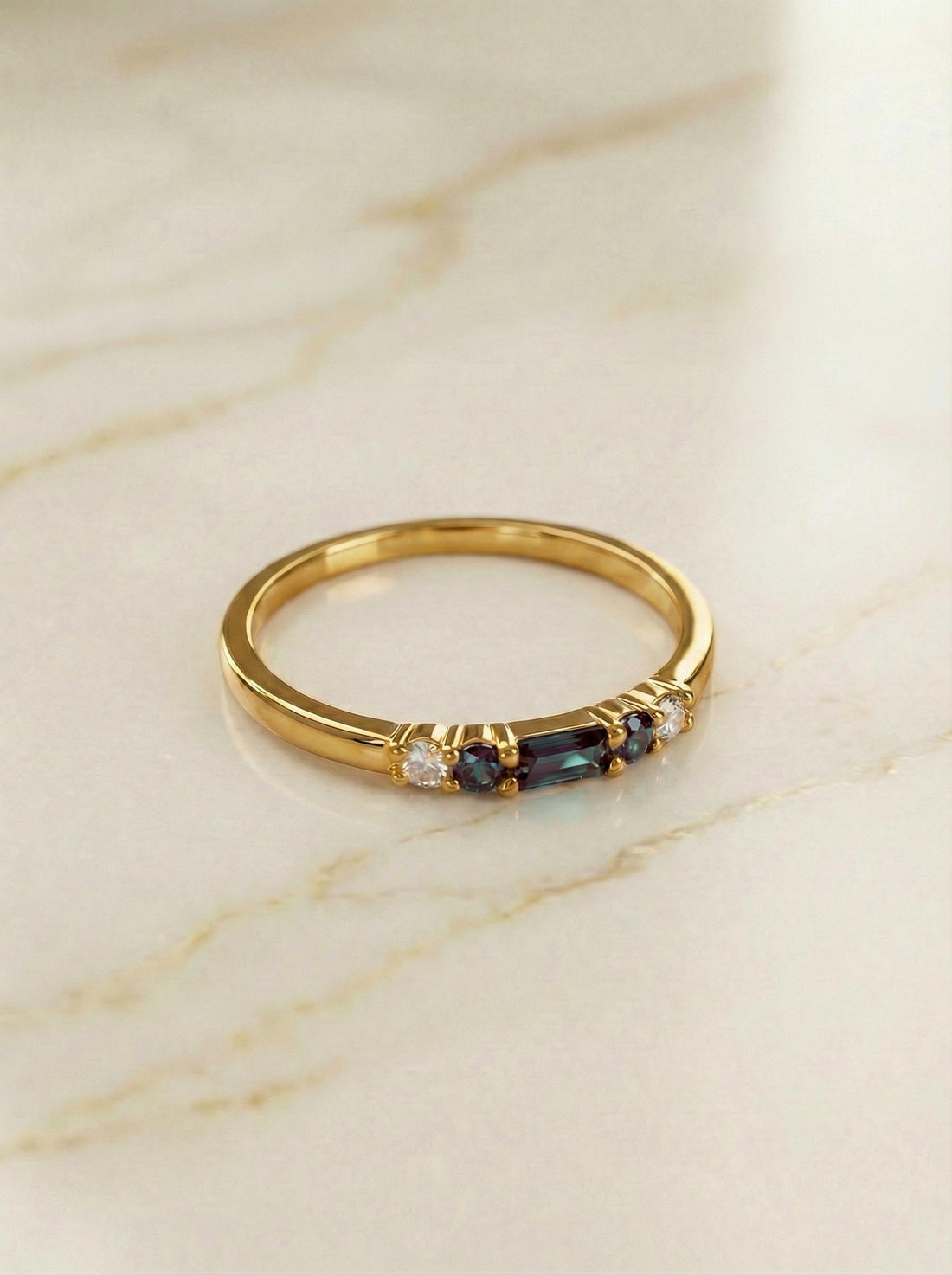 Alexandrite Ring June Birthstone, Dainty Gold Baguette Wedding Band, Minimalist Stacking Promise Ring Gift for Women