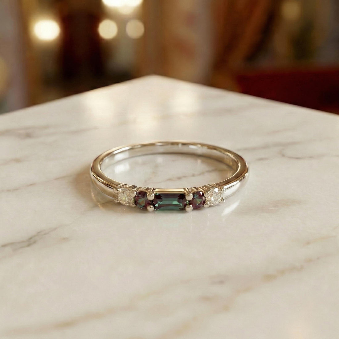 Alexandrite Ring June Birthstone, Dainty Gold Baguette Wedding Band, Minimalist Stacking Promise Ring Gift for Women