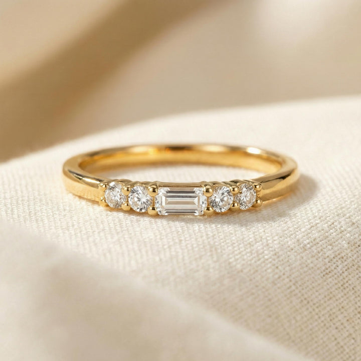 Baguette Moissanite Wedding Band, Sterling Silver Minimalist Gold Promise Ring, Elegant Stacking Ring Gift for Women
