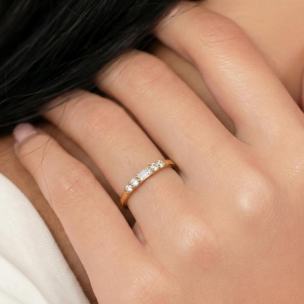 Baguette Moissanite Wedding Band, Sterling Silver Minimalist Gold Promise Ring, Elegant Stacking Ring Gift for Women