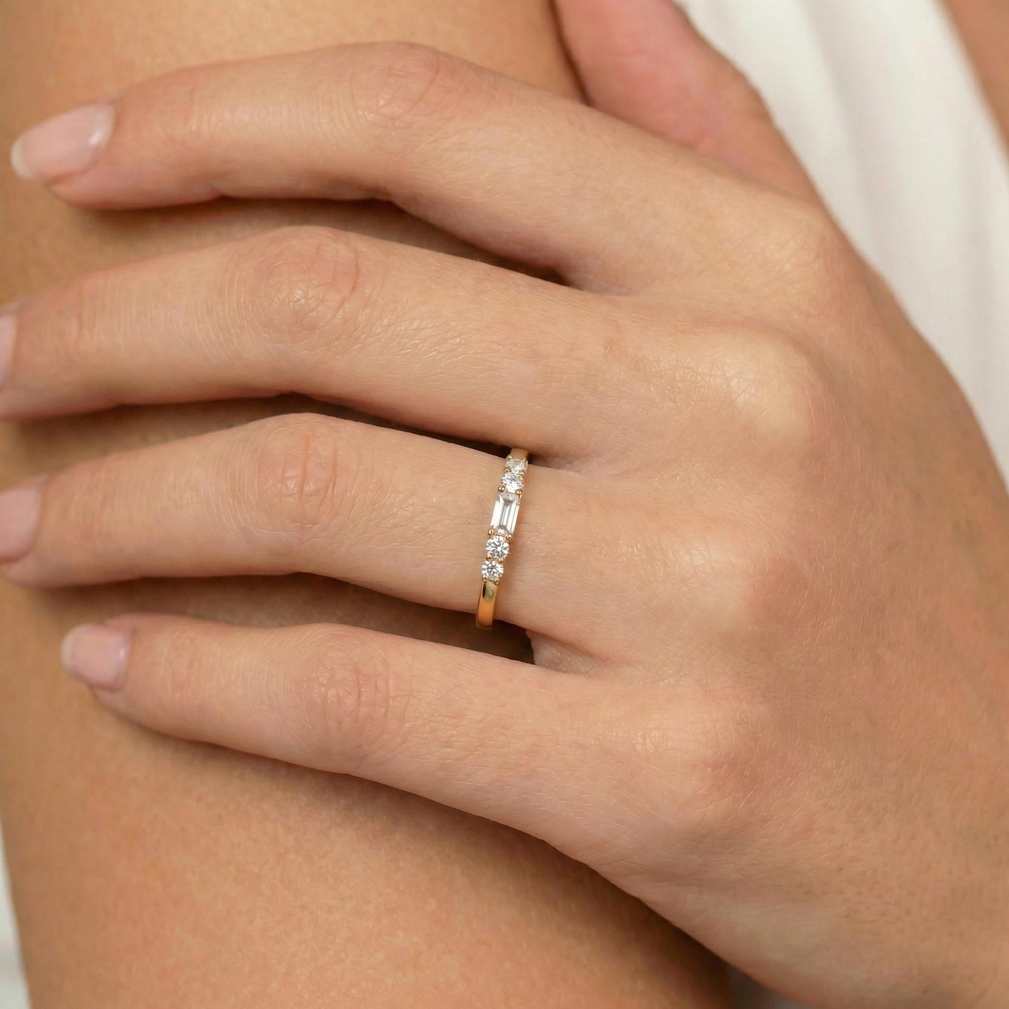 Baguette Diamond Wedding Band, April Birthstone Ring, Minimalist Promise Ring Gift for Her, Elegant Stacking Ring