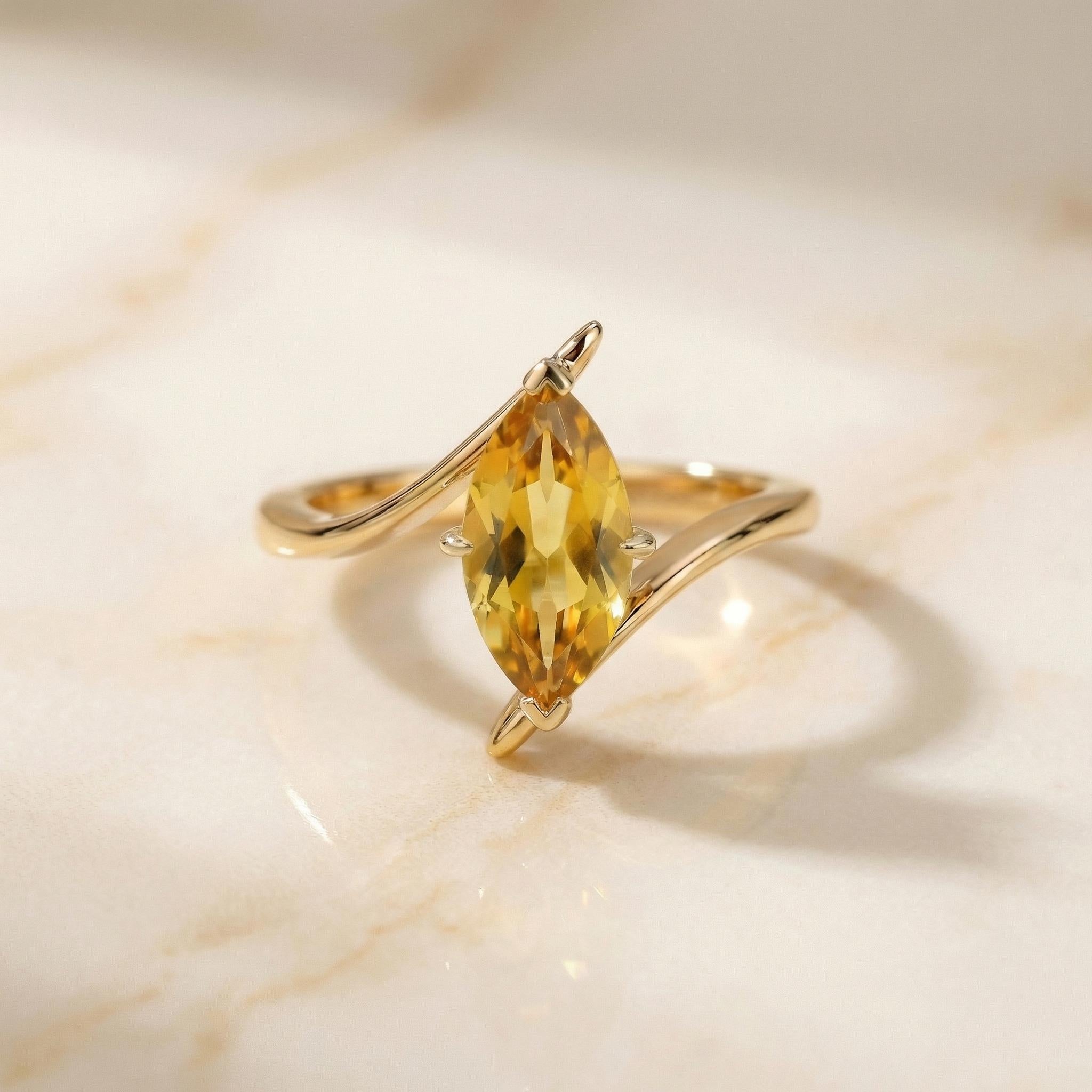 1.5ct Citrine Ring, Marquise Cut Emerald Solitaire, Curved Bypass Band, November Birthstone, 14K Gold Nature Inspired Ring