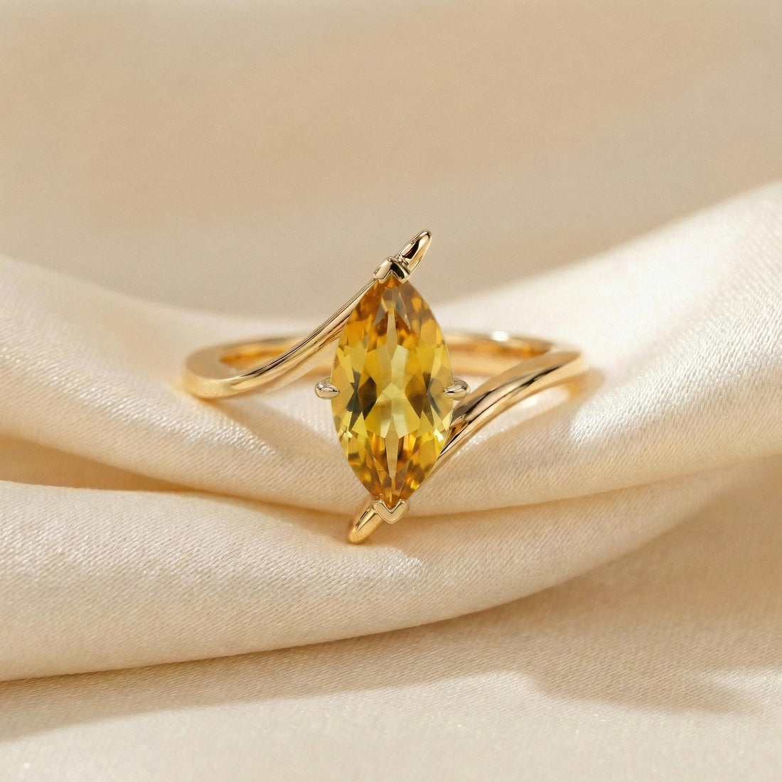 1.5ct Citrine Ring, Marquise Cut Emerald Solitaire, Curved Bypass Band, November Birthstone, 14K Gold Nature Inspired Ring
