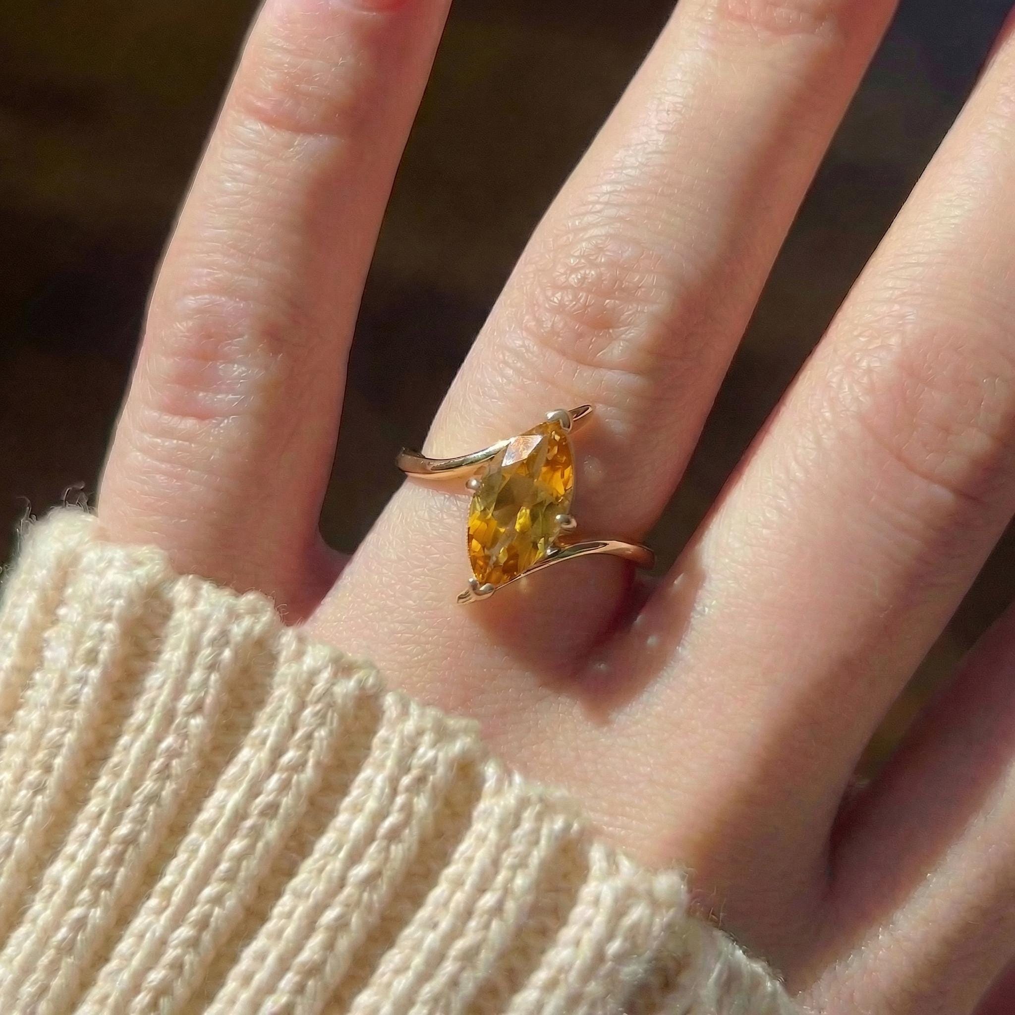 1.5ct Citrine Ring, Marquise Cut Emerald Solitaire, Curved Bypass Band, November Birthstone, 14K Gold Nature Inspired Ring