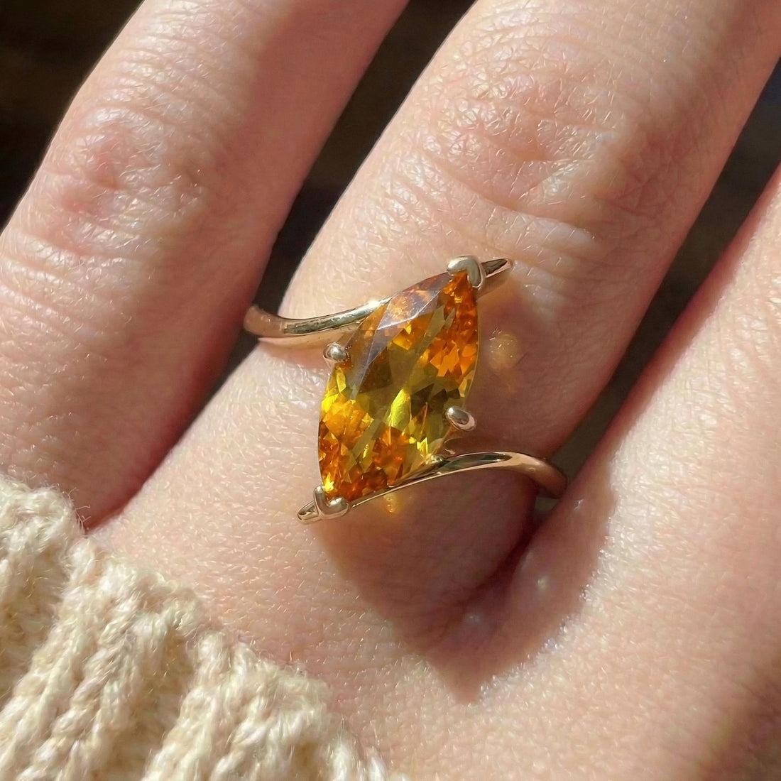 1.5ct Citrine Ring, Marquise Cut Emerald Solitaire, Curved Bypass Band, November Birthstone, 14K Gold Nature Inspired Ring