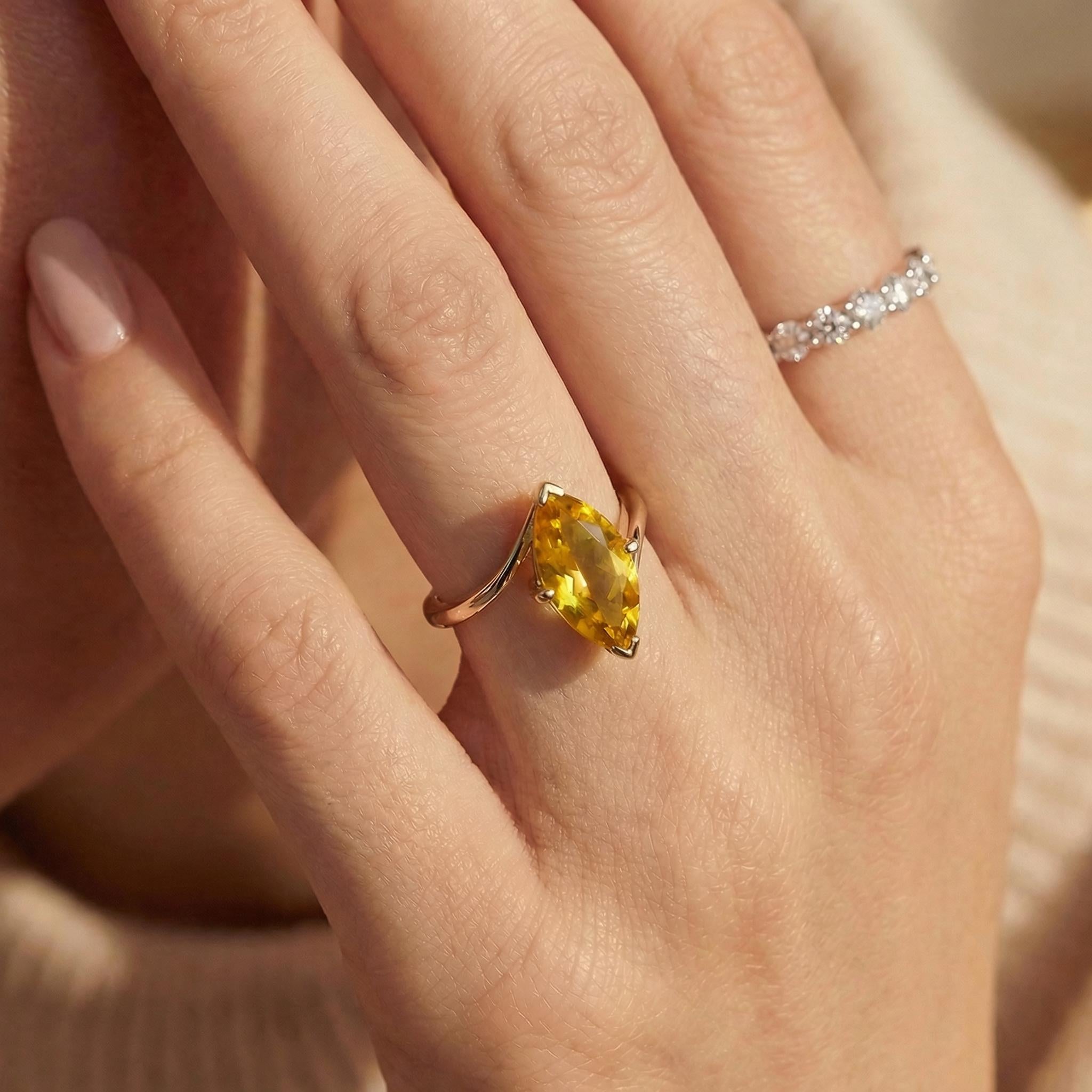 1.5ct Citrine Ring, Marquise Cut Emerald Solitaire, Curved Bypass Band, November Birthstone, 14K Gold Nature Inspired Ring