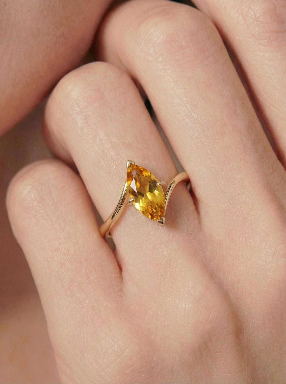 1.5ct Citrine Ring, Marquise Cut Emerald Solitaire, Curved Bypass Band, November Birthstone, 14K Gold Nature Inspired Ring