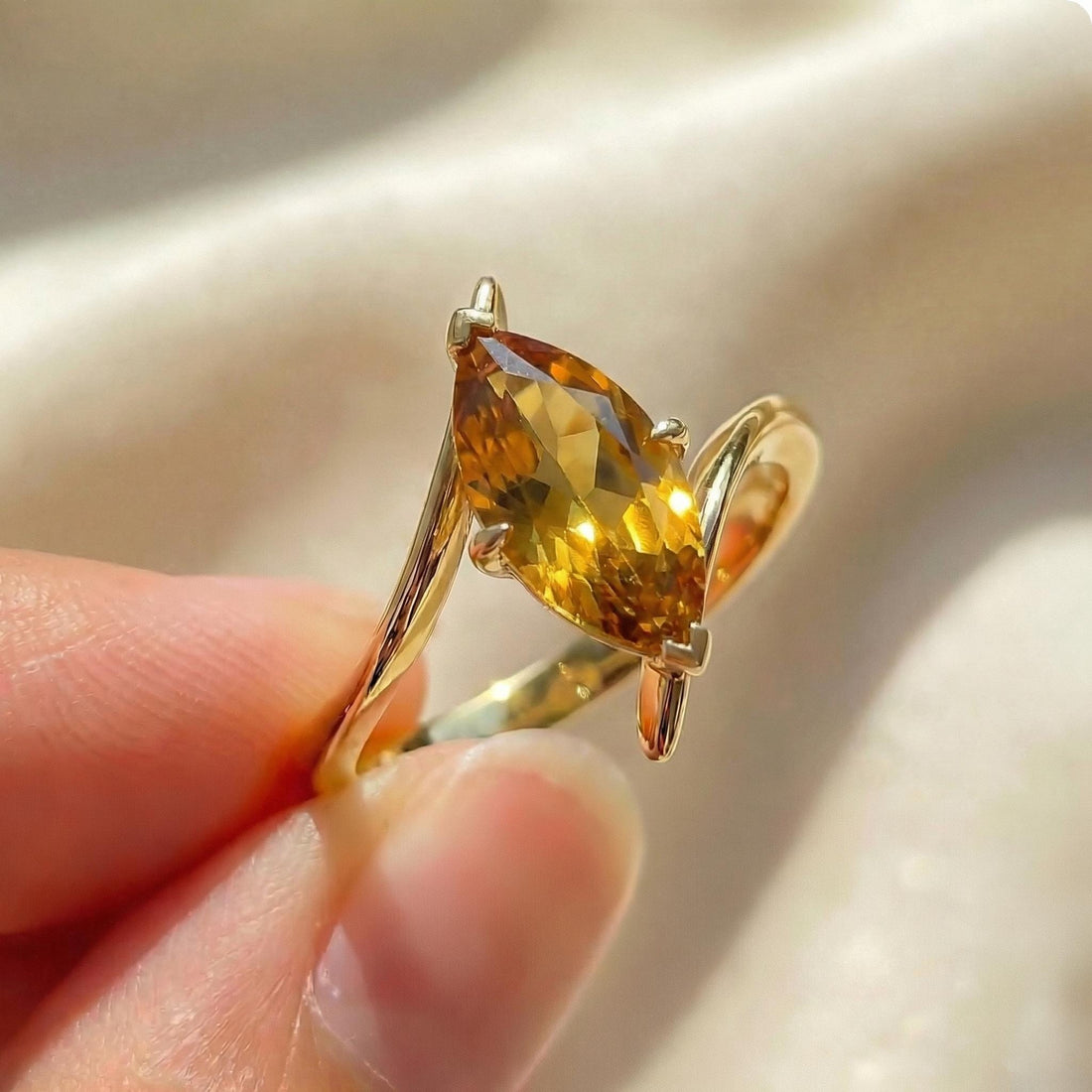 1.5ct Citrine Ring, Marquise Cut Emerald Solitaire, Curved Bypass Band, November Birthstone, 14K Gold Nature Inspired Ring