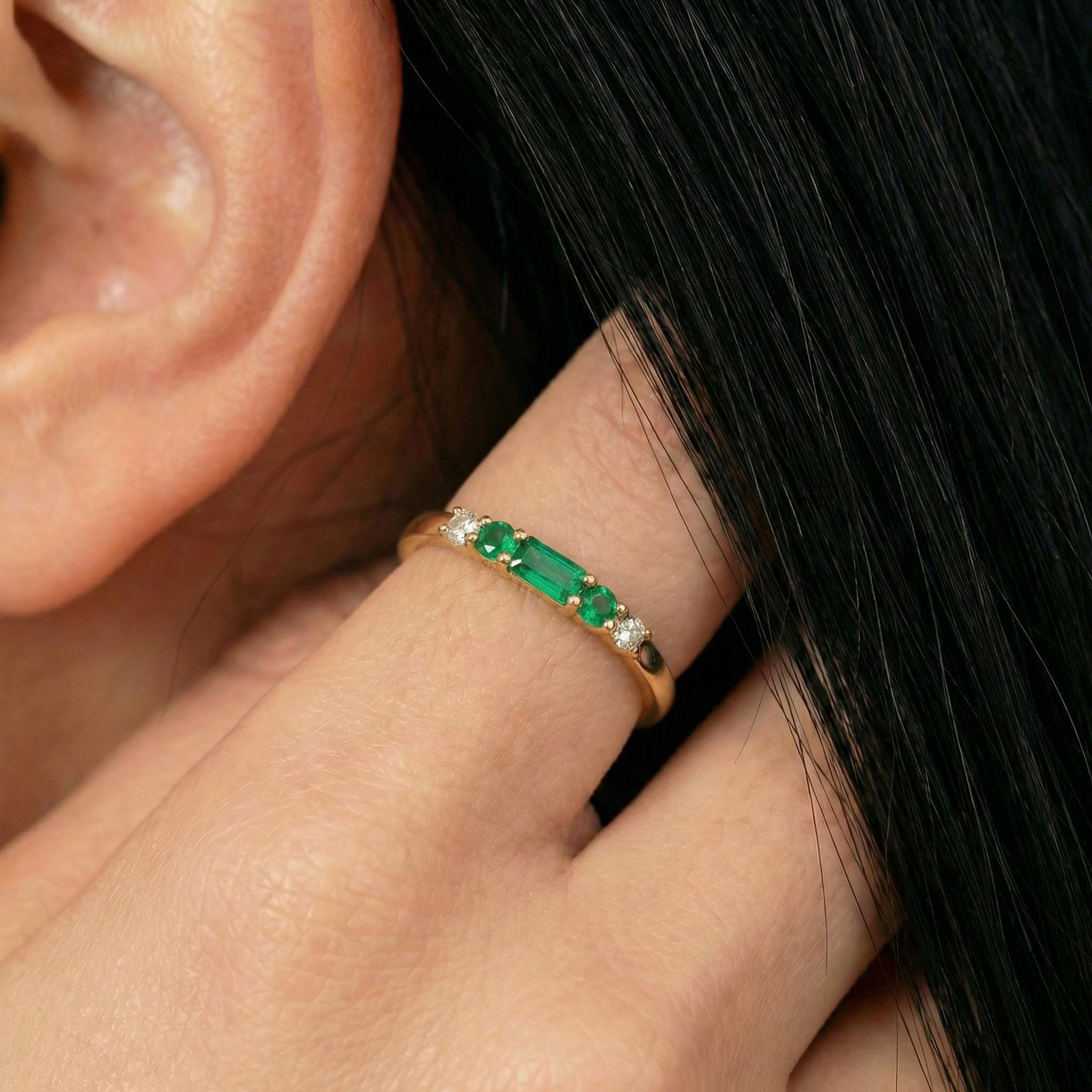 May Birthstone Emerald Ring, Dainty Gold Baguette Band, Minimalist Stacking Ring, Promise Ring Gift for Her
