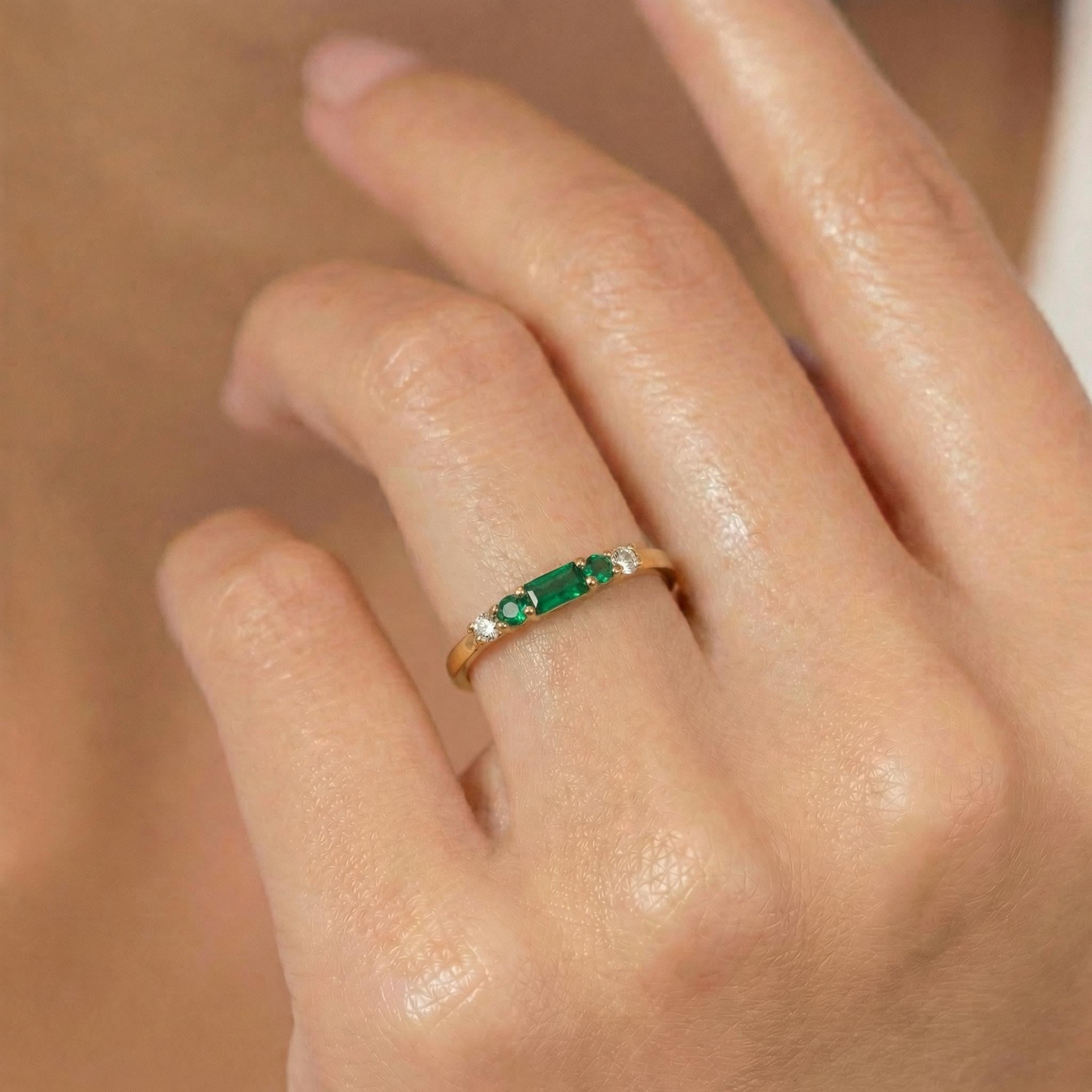 May Birthstone Emerald Ring, Dainty Gold Baguette Band, Minimalist Stacking Ring, Promise Ring Gift for Her