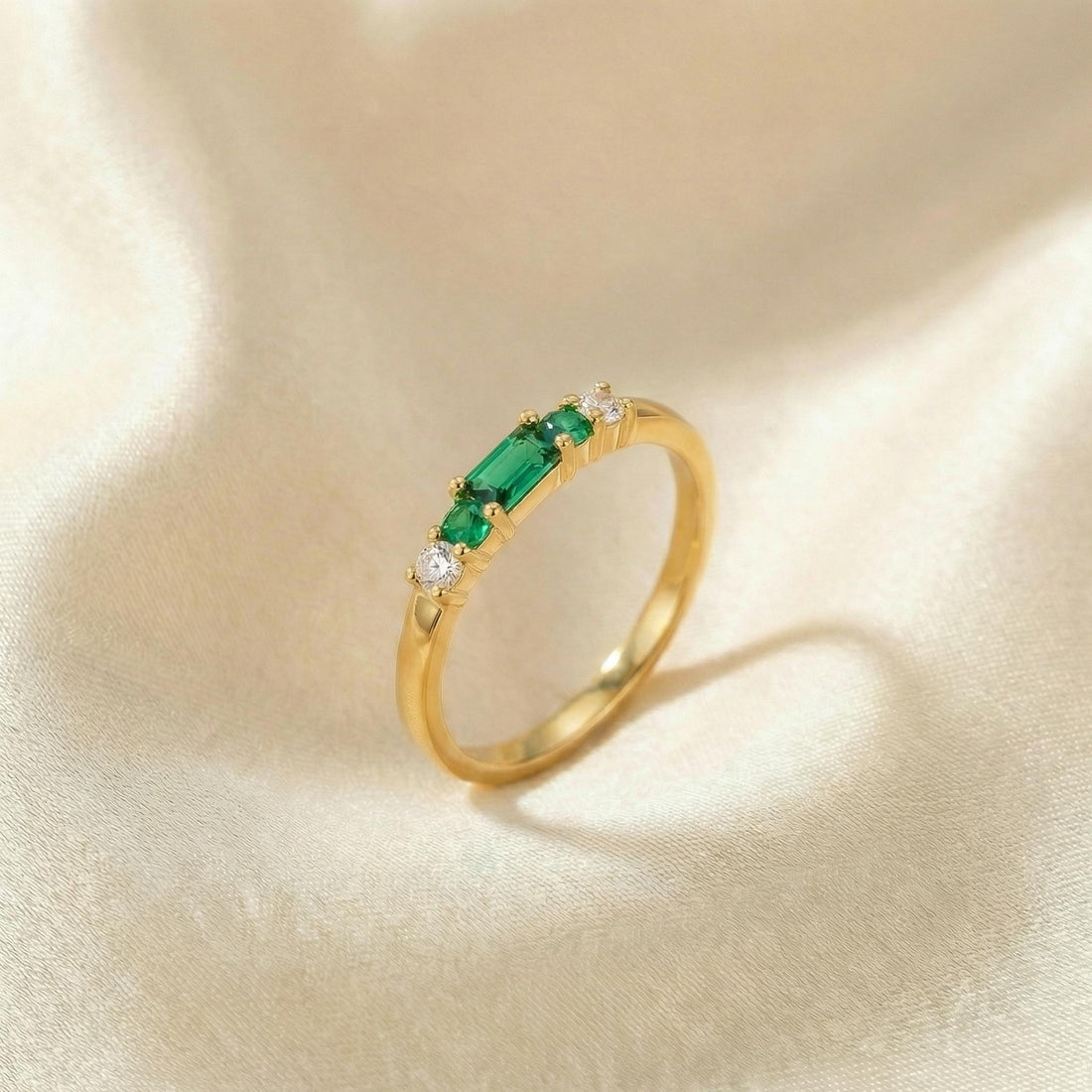 May Birthstone Emerald Ring, Dainty Gold Baguette Band, Minimalist Stacking Ring, Promise Ring Gift for Her