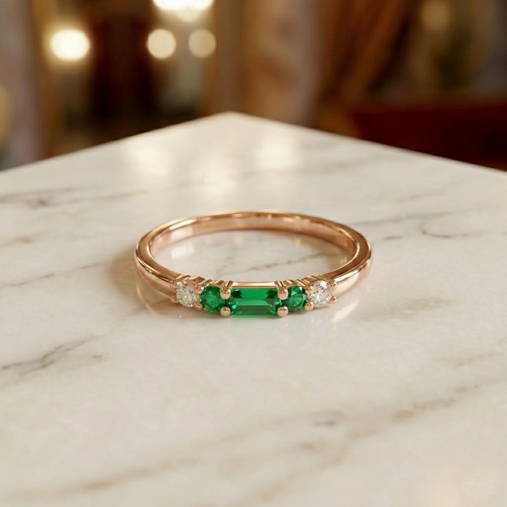 May Birthstone Emerald Ring, Dainty Gold Baguette Band, Minimalist Stacking Ring, Promise Ring Gift for Her