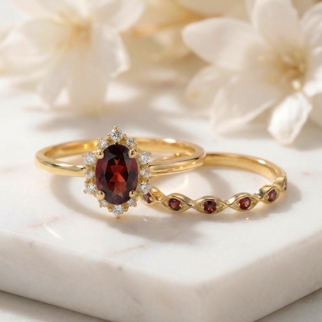 0.60ct Garnet Engagement Ring Set, 18K Solid Gold Vintage Halo Wedding Ring for Women, Oval Bridal Set January Birthstone