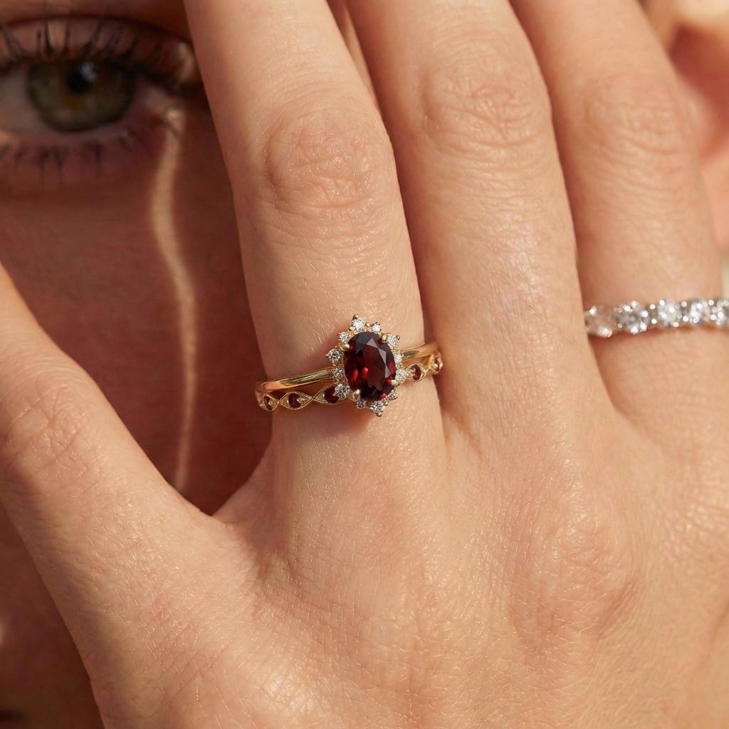 0.60ct Garnet Engagement Ring Set, 18K Solid Gold Vintage Halo Wedding Ring for Women, Oval Bridal Set January Birthstone