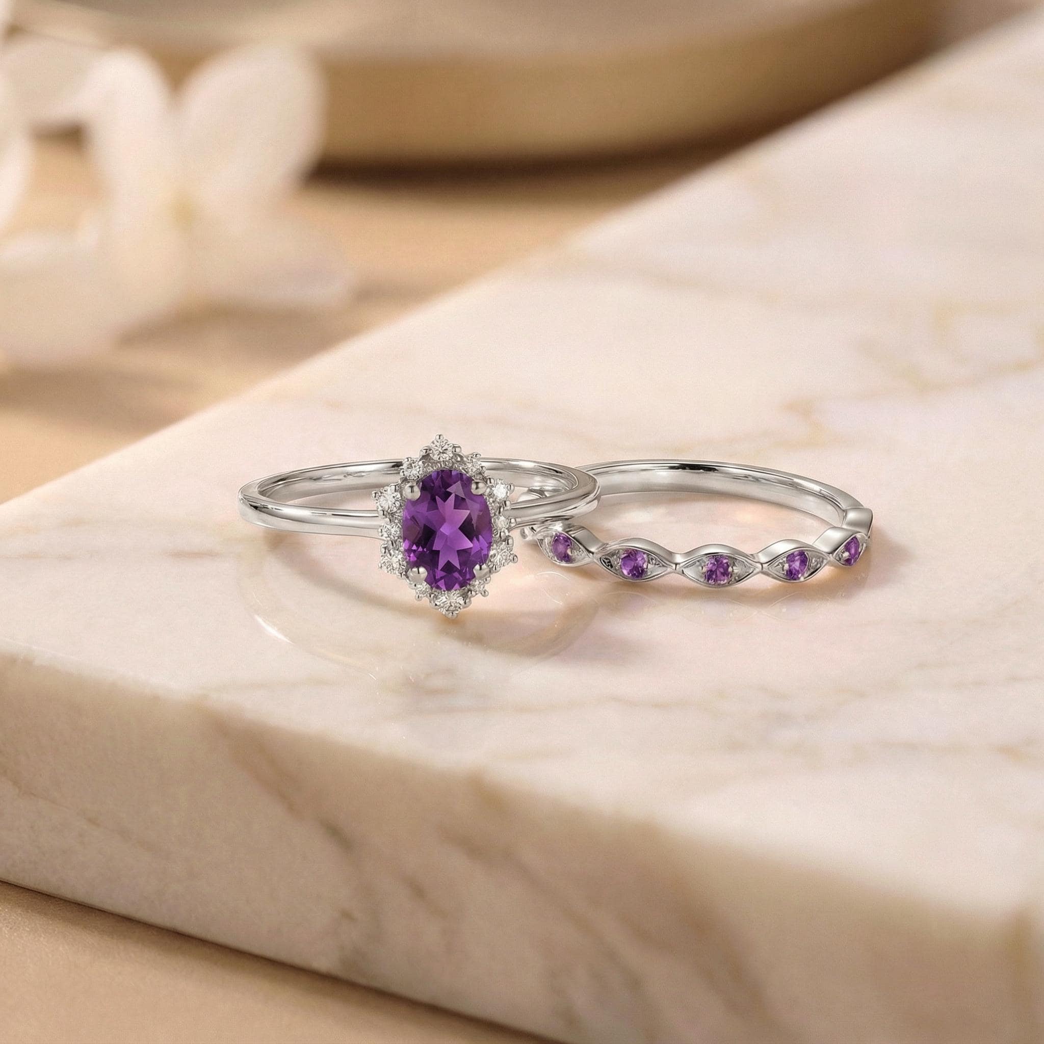 0.60ct Amethyst Engagement Ring Set, 18K Solid Gold Vintage Halo Wedding Ring for Women, Oval Bridal Set February Birthstone