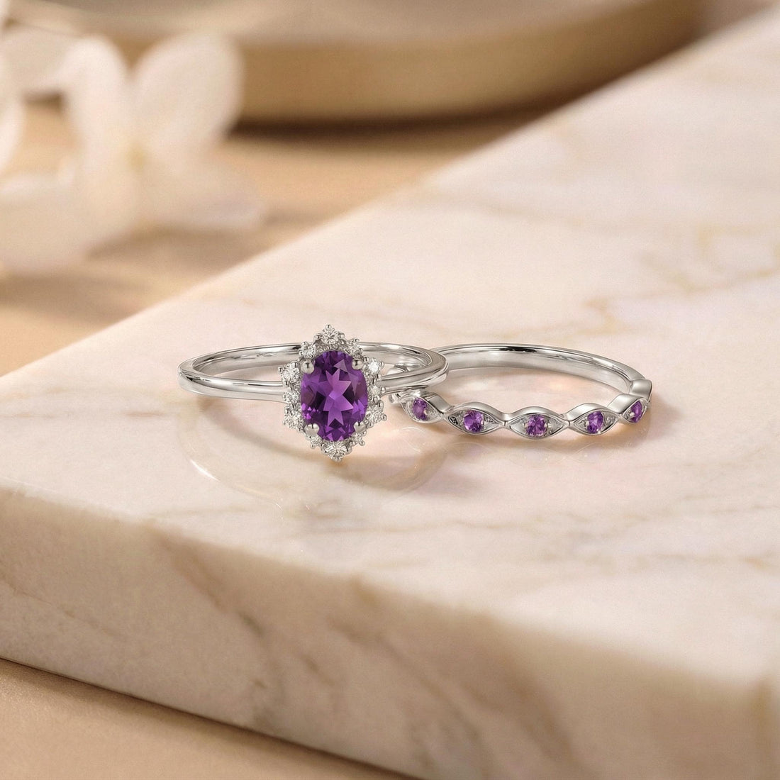 0.60ct Amethyst Engagement Ring Set, 18K Solid Gold Vintage Halo Wedding Ring for Women, Oval Bridal Set February Birthstone
